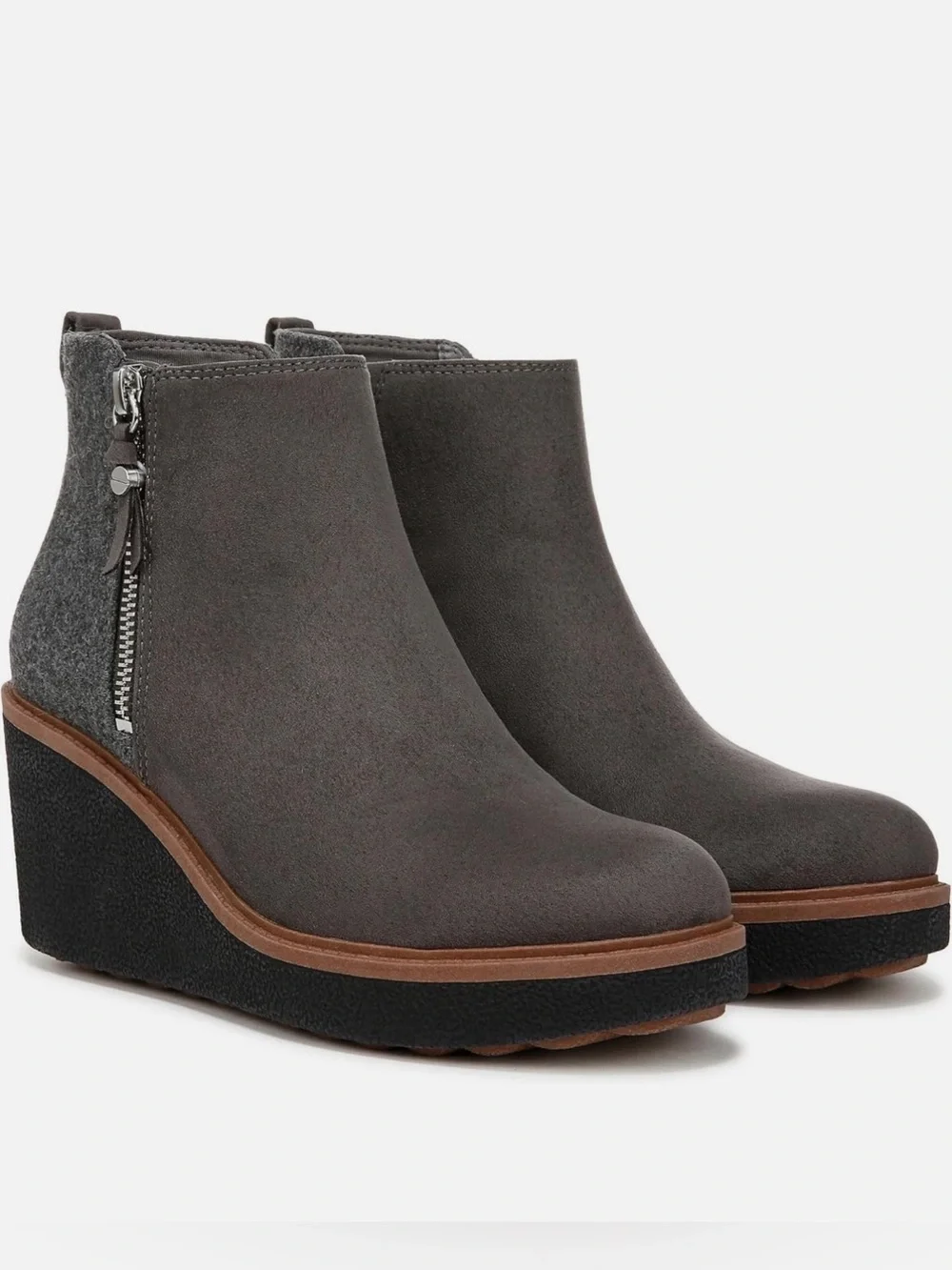 Dr. Scholl's Gray Suede Wedge Ankle Boots with Brown Trim